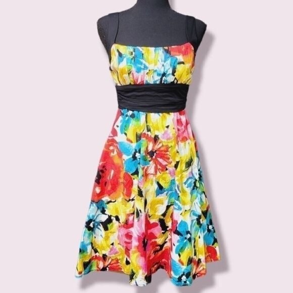 B. Smart Colorful Abstract Floral Dress. Padded Bodice, Midi A-Lined, Size 6 - Picture 1 of 8